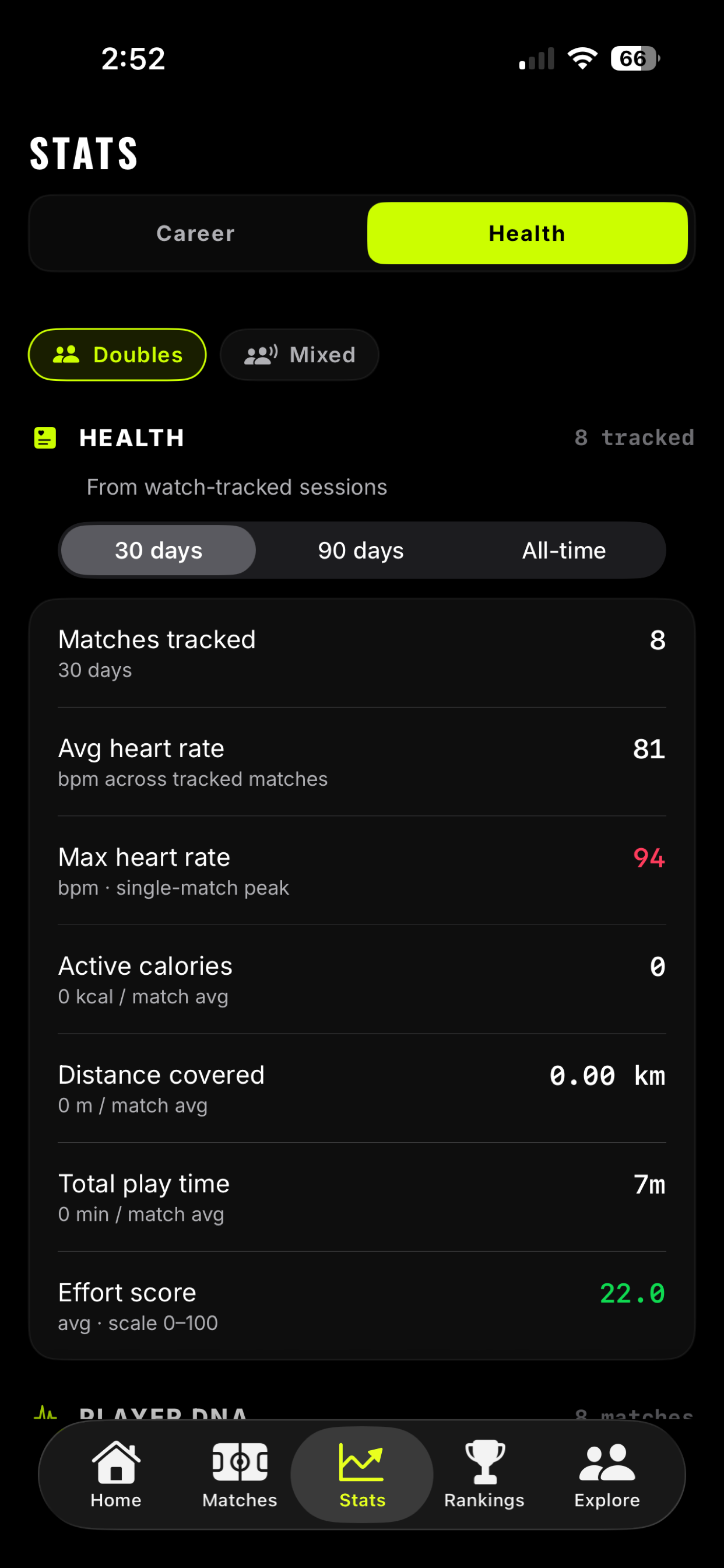 Pickleball Heroes health stats screen