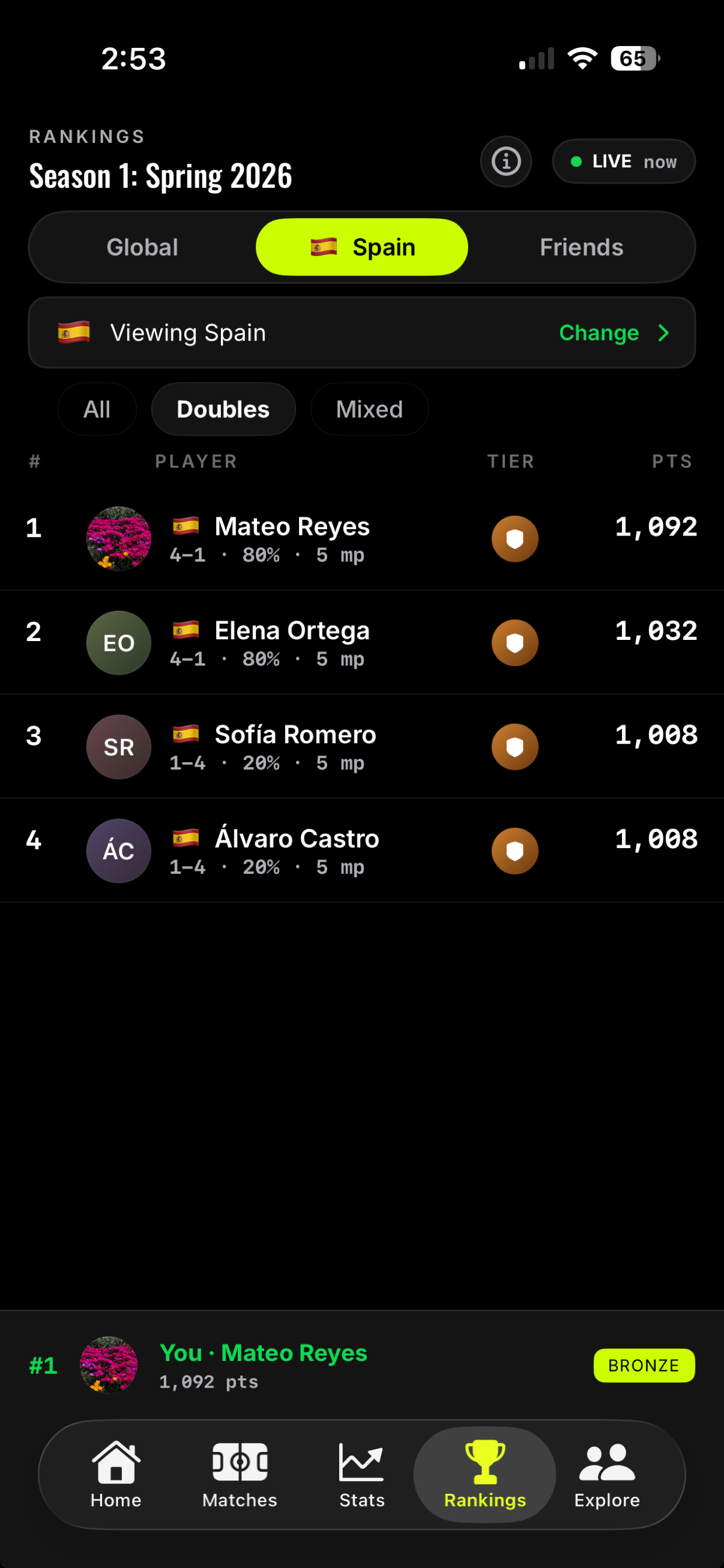 Pickleball Heroes rankings screen